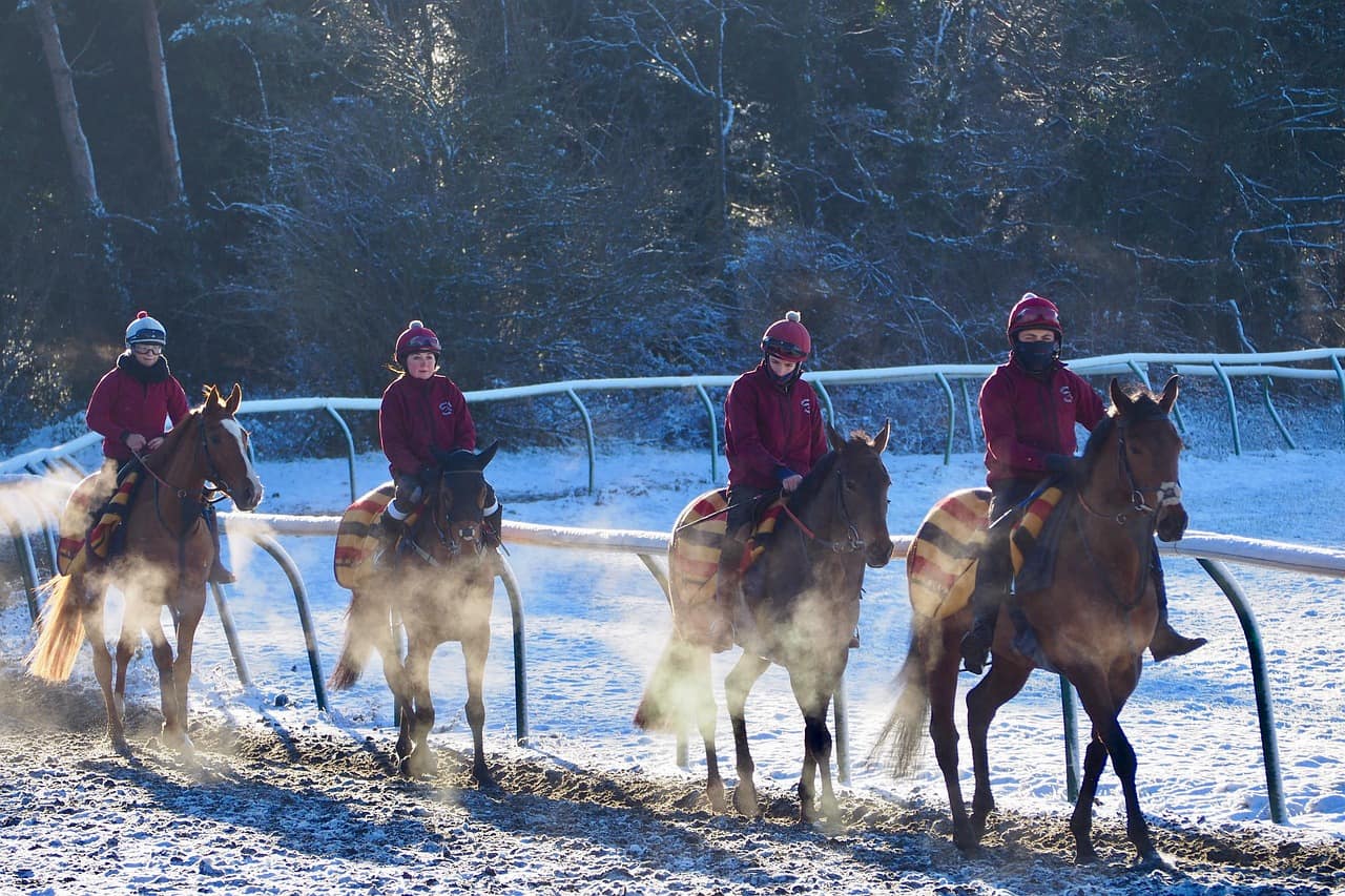 Four racehorses and riders walking on snowy gallops on a frosty winter morning
