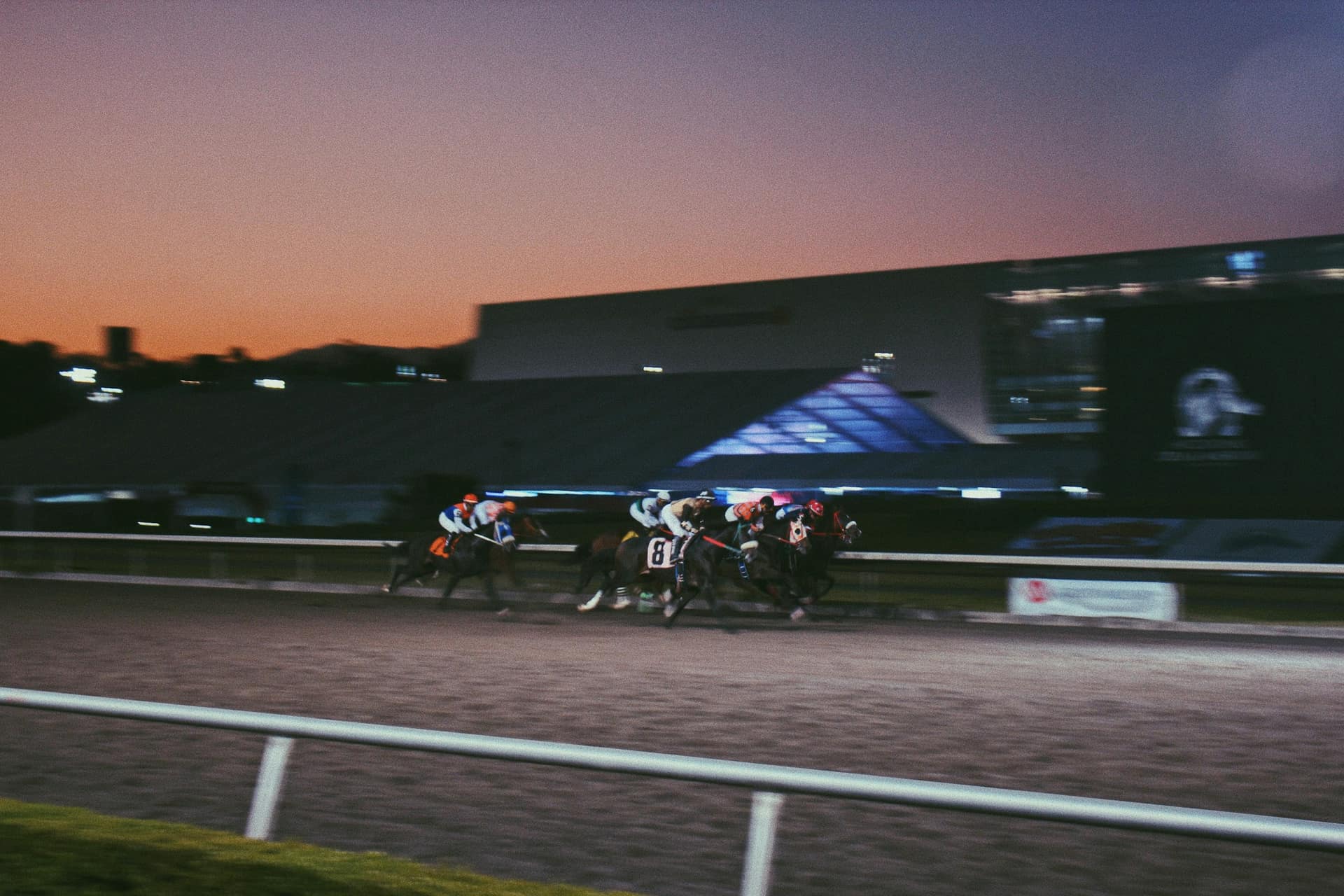 Racehorses running under floodlights on a dirt track in the evening